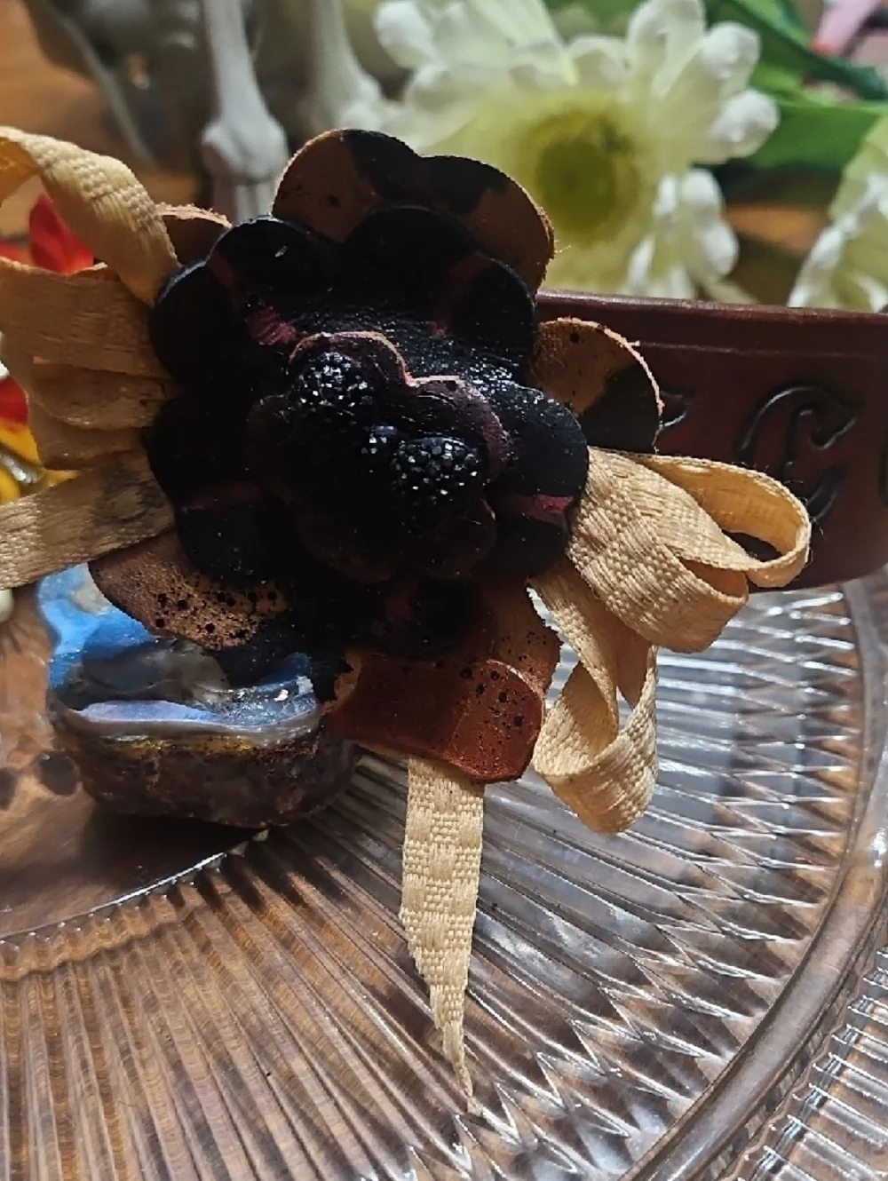 Hand Crafted Genuine Leather Floral Dog Bow Charm NEW